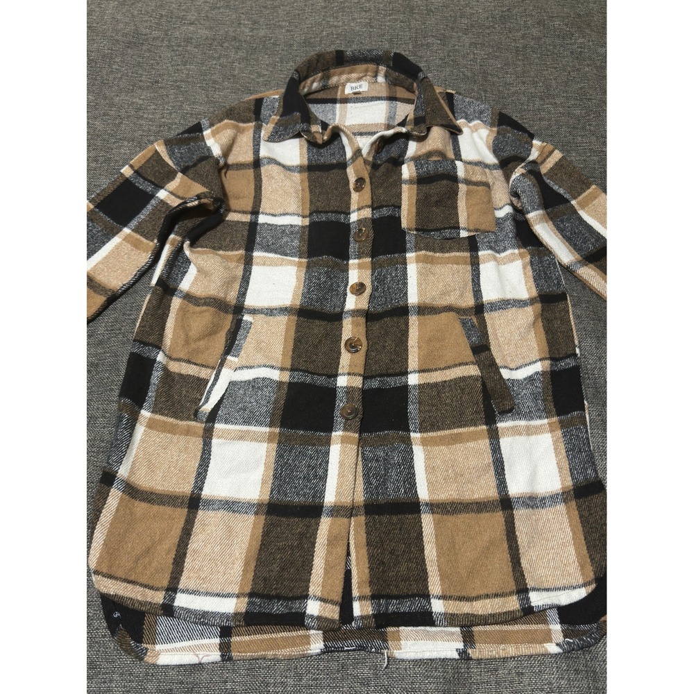 BKE Womens Small Shacket Brown Plaid Long Sleeve Button Up Flannel Shirt Jacket - Picture 6 of 7
